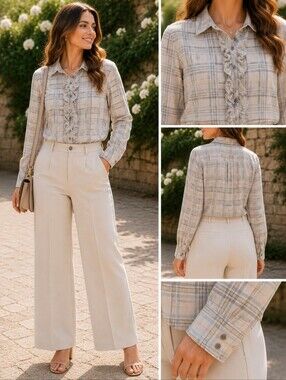 Tuckernuck Womens Plaid Ruffle Front Metallic Lurex Button Down Shirt Cream L